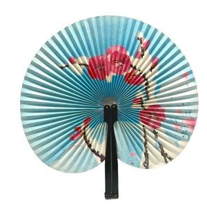 Chinese Cherry Blossoms Hand Fan Painted Circular Paper Folding Floral 10" Asian